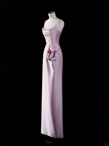 Simple Pink Sheath Spaghetti Strap Flower Satin Party Dress Evening Dress HZ1023